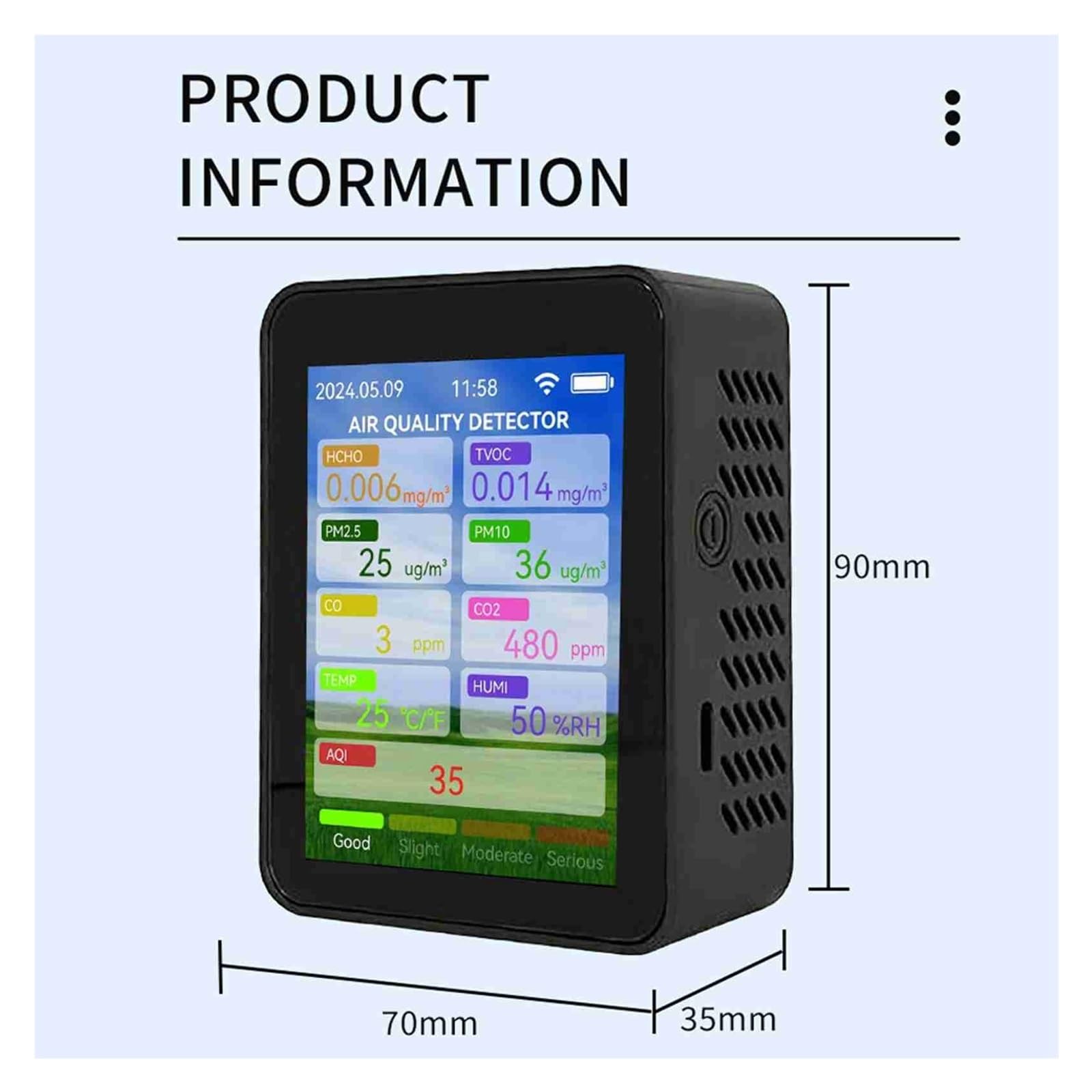 Medidor De Calidad Del Aire Doméstico: HCHO, TVOC, Monóxido Carbono, CO2, PM2.5, PM10. Analizador Portátil Temperatura Y Humedad Con Pantalla TFT 2,8 Pulgadas Monitorización Precisa Tiempo Real(White)