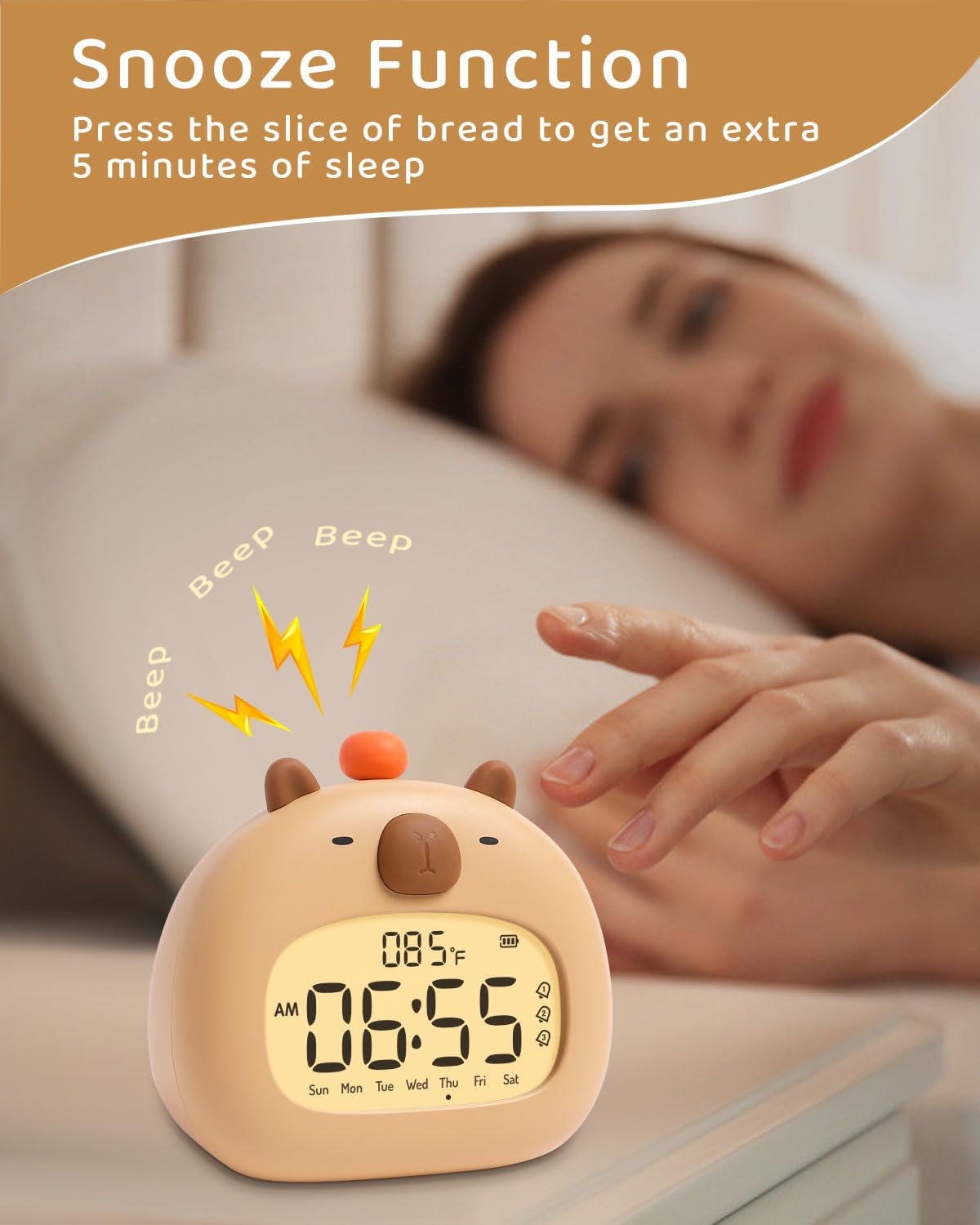 IHALO Capibara Sveglia Bambini, Comodino con Luce Notturna, Display Digitale LED 3,15 Pollici, Tre Allarme, Modalità Weekend, Data, Ora, Temperatura, Ricaricabile, Decorazione Cameretta per Bebè
