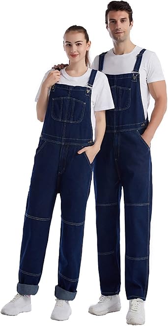 Couples Denim Bib Overalls Classic Straight Pants Jumpsuit Dungarees with Multi-Pocket