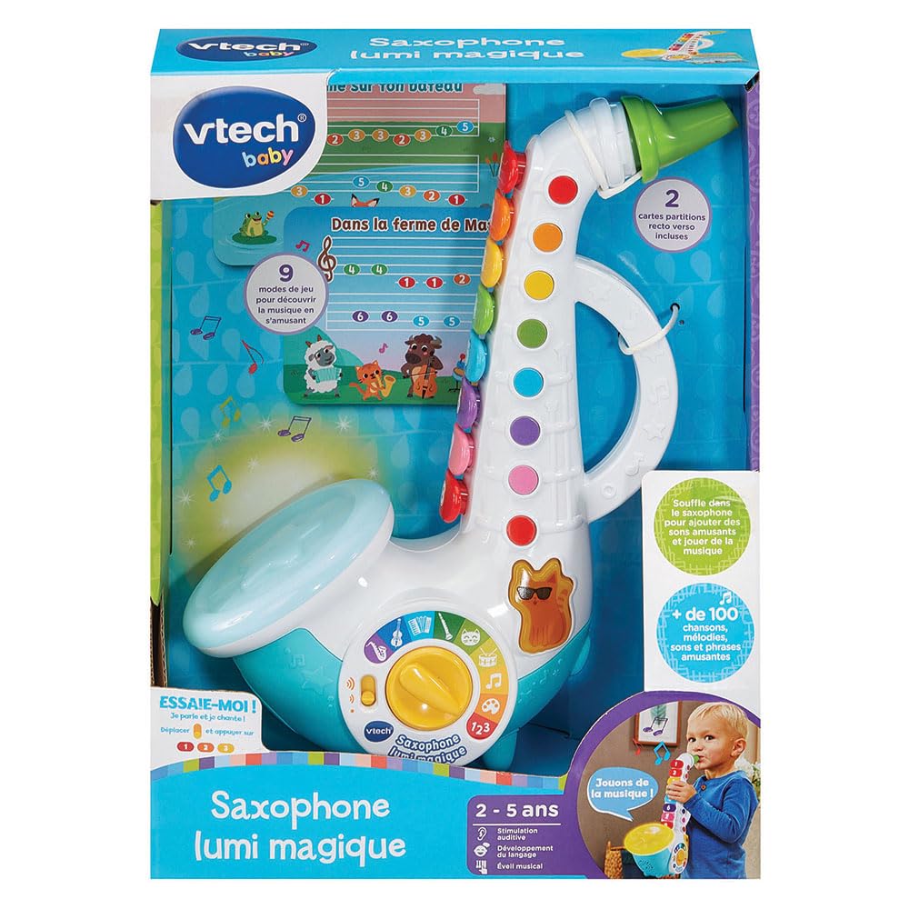 VTech Lumi - Saxofón mágico, Instrumento Musical de Jazz para niños, saxofón Interactivo con 8 Teclas Coloridas, 4 Canciones Infantiles, a Partir de 2 años