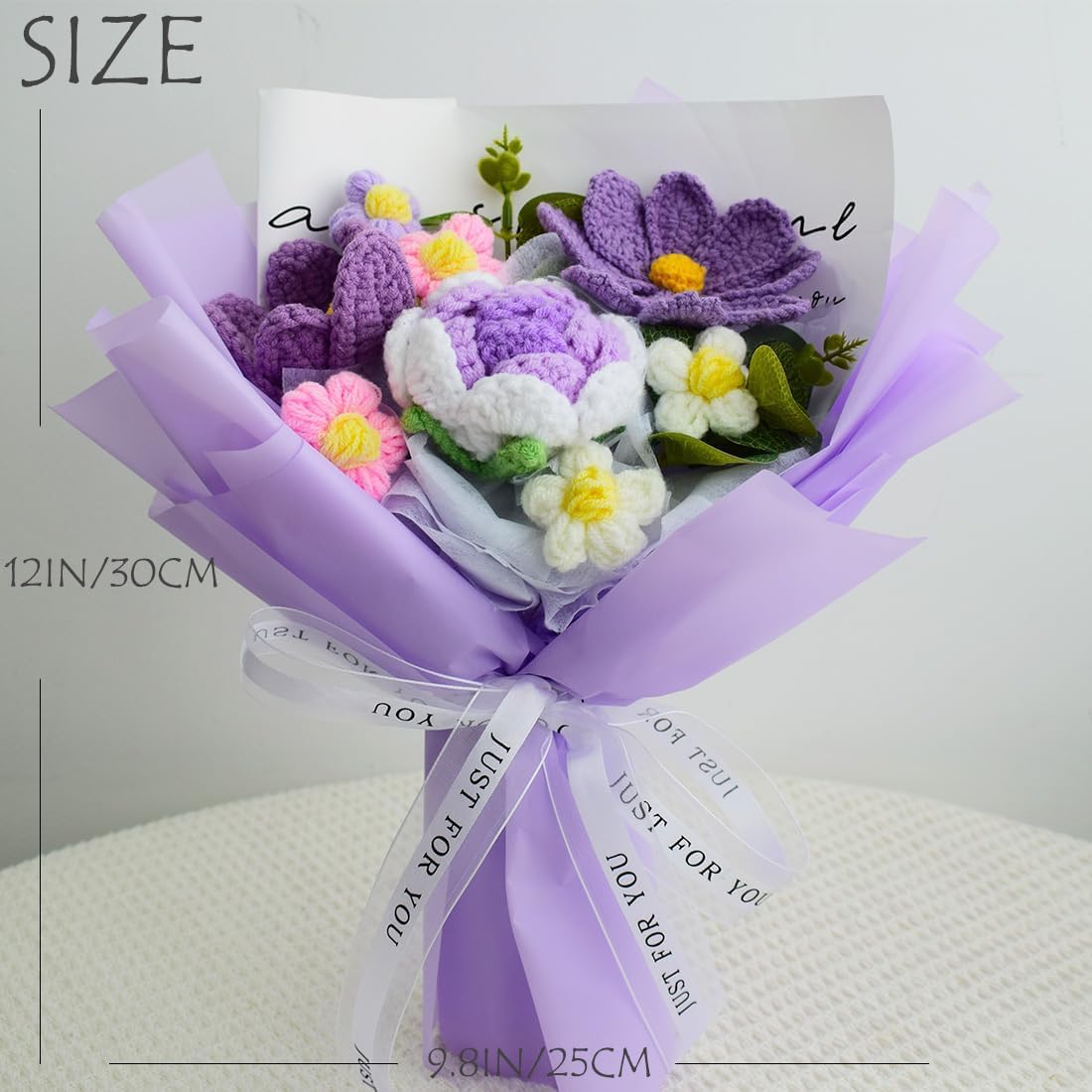 Crochet Flowers Bouquet Purple,Handmade Crochet Tulip Rose Flowers Bouquet,Knitted Floral Gift for Mum Mother's Day Women Teacher Birthday Wife Lover Friends with Gift Box Bag and Card