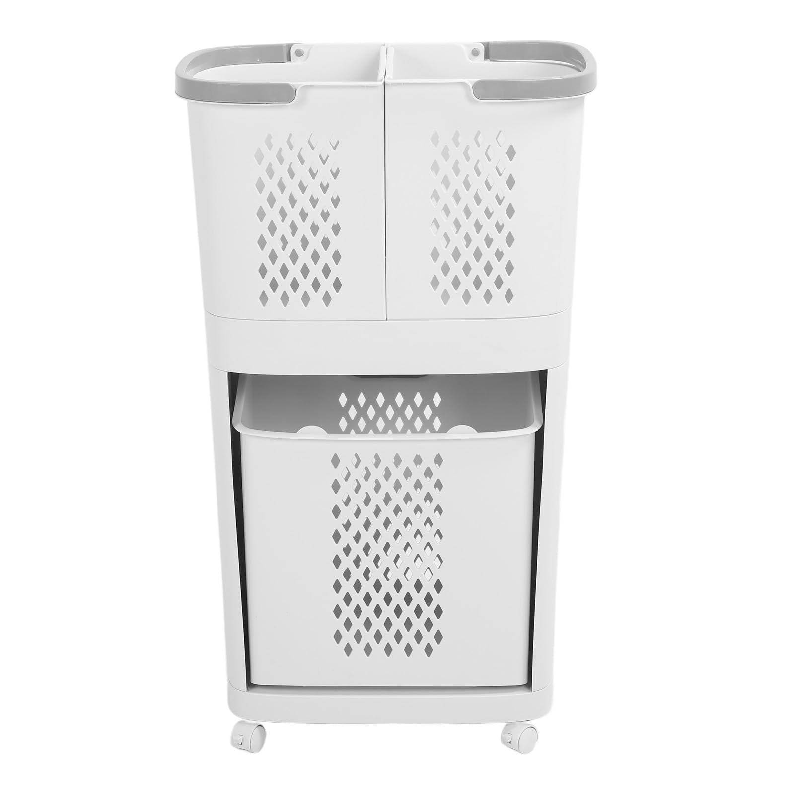 Cesto per la Biancheria in Plastica con Ruote, Spazioso Contenitore per Vestiti Sporchi per la Famiglia, 3 Contenitori per la Selezione, Facili da Spostare