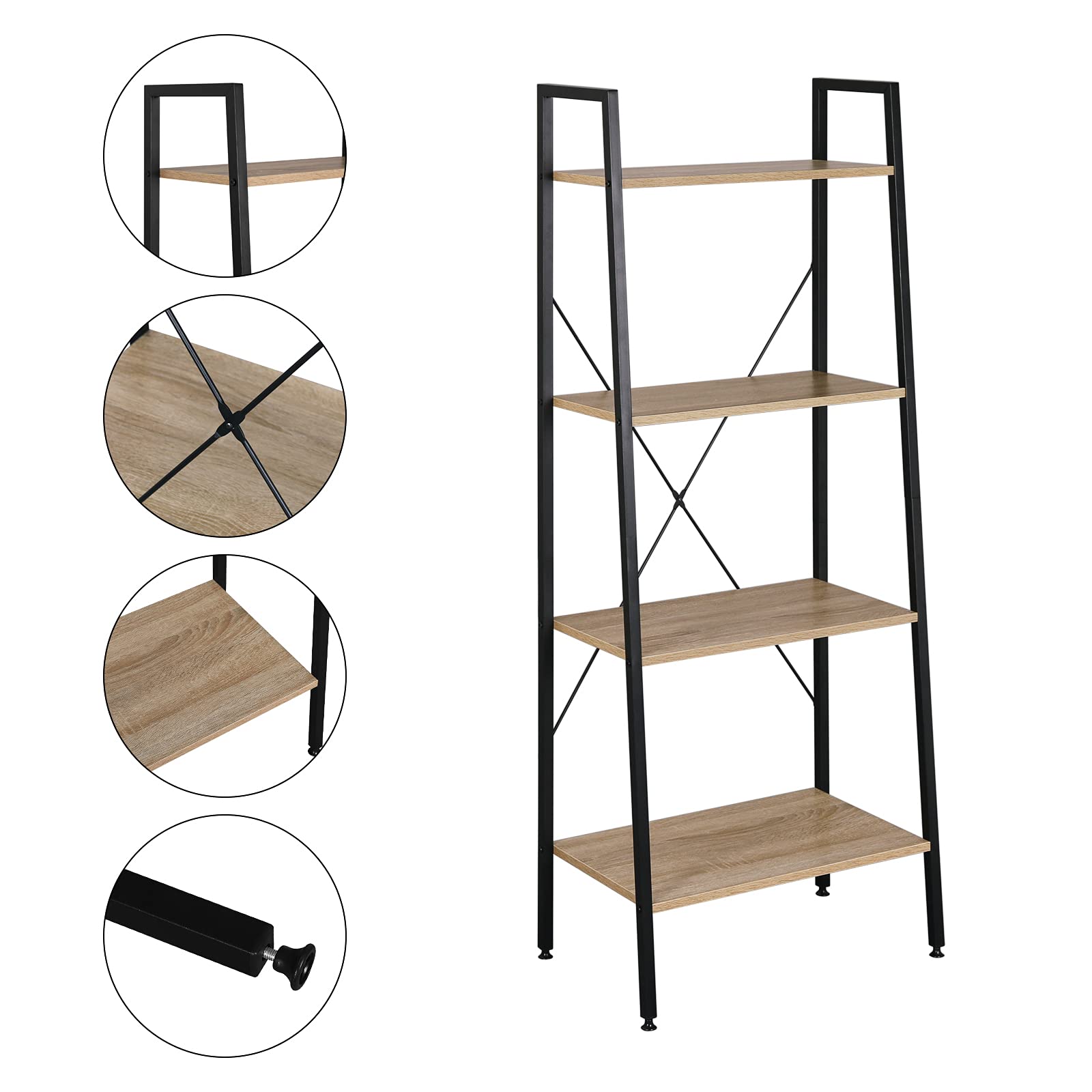 WOLTU Scaffale a Scala in Legno Libreria a 4 Ripiani per Soggiorno Fioriera Balcone, 60x35x148 cm Rovere Chiaro+Nero RGB9283hei