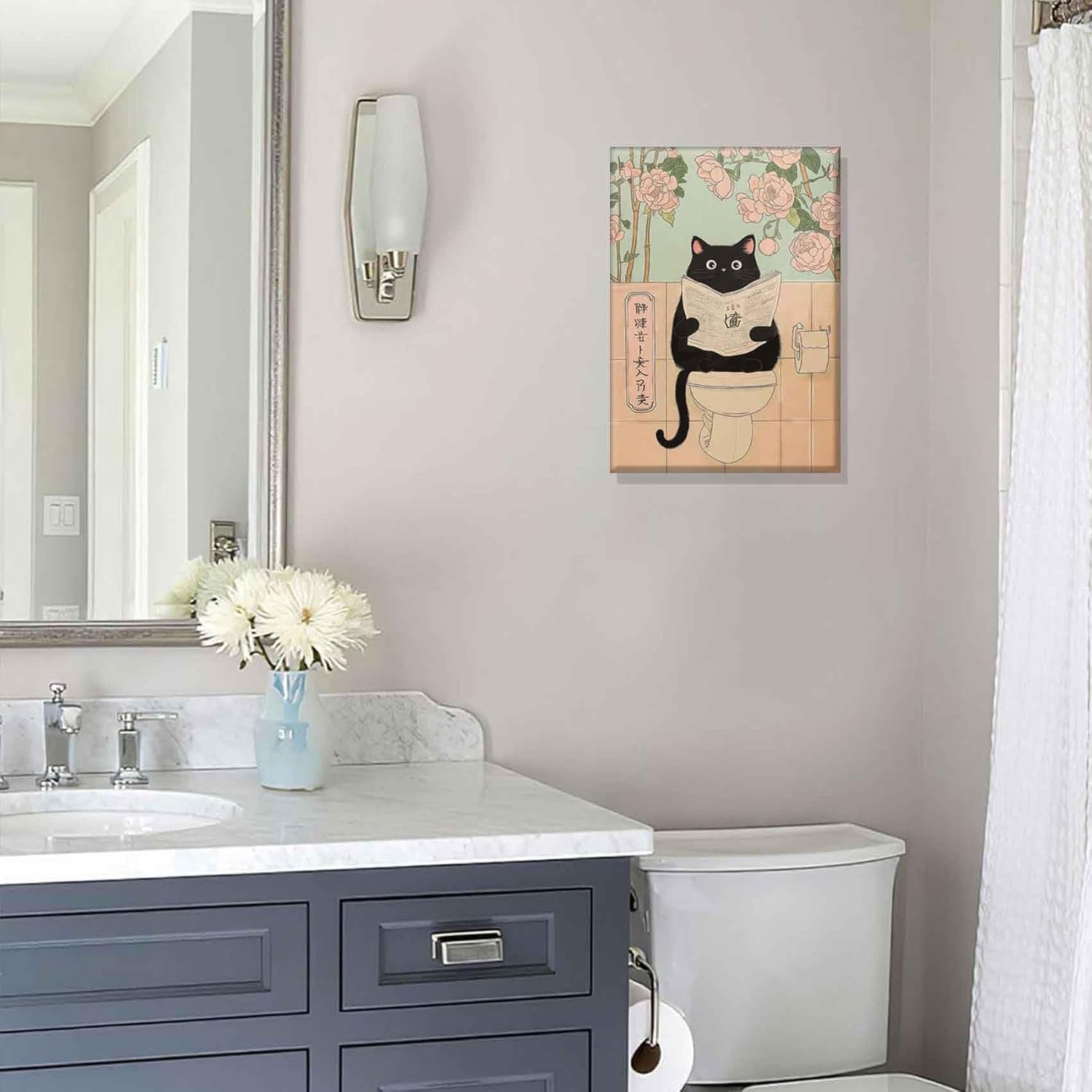 2Pcs Japanese Bathroom Canvas Wall Art Funny Black Cat Painting Pictures Wall Decor Animal Bathtub Poster Prints for Bathroom Toilet Home Decoration 12x16in