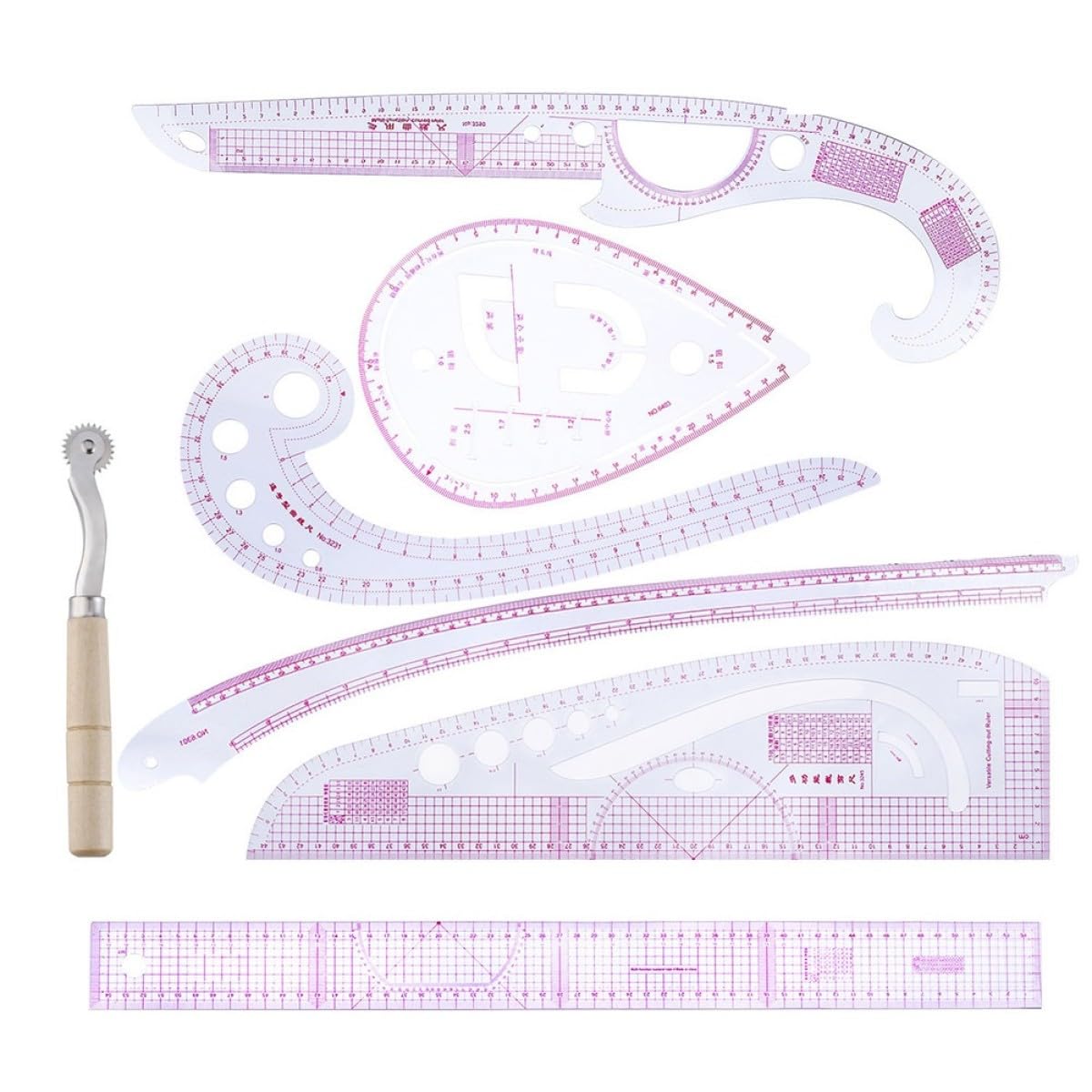 Set di 7 Righelli Sartoriali in Plastica per Disegno e Taglio Abbigliamento Misure Curve per Polsini, Colli e Tasche, Strumenti per Sartoria e Modellismo