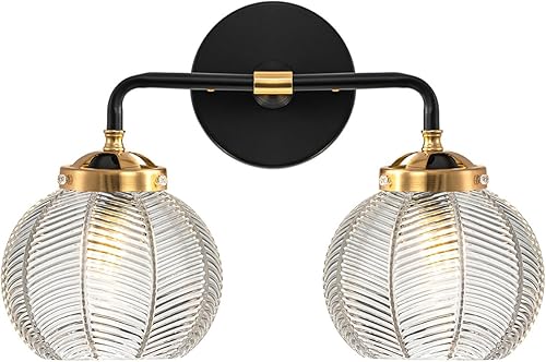 Lámpara de tocador de baño de 2 luces, luces de globo de vidrio transparente, lámpara de montaje en pared negra con pantalla de vidrio acanalado,