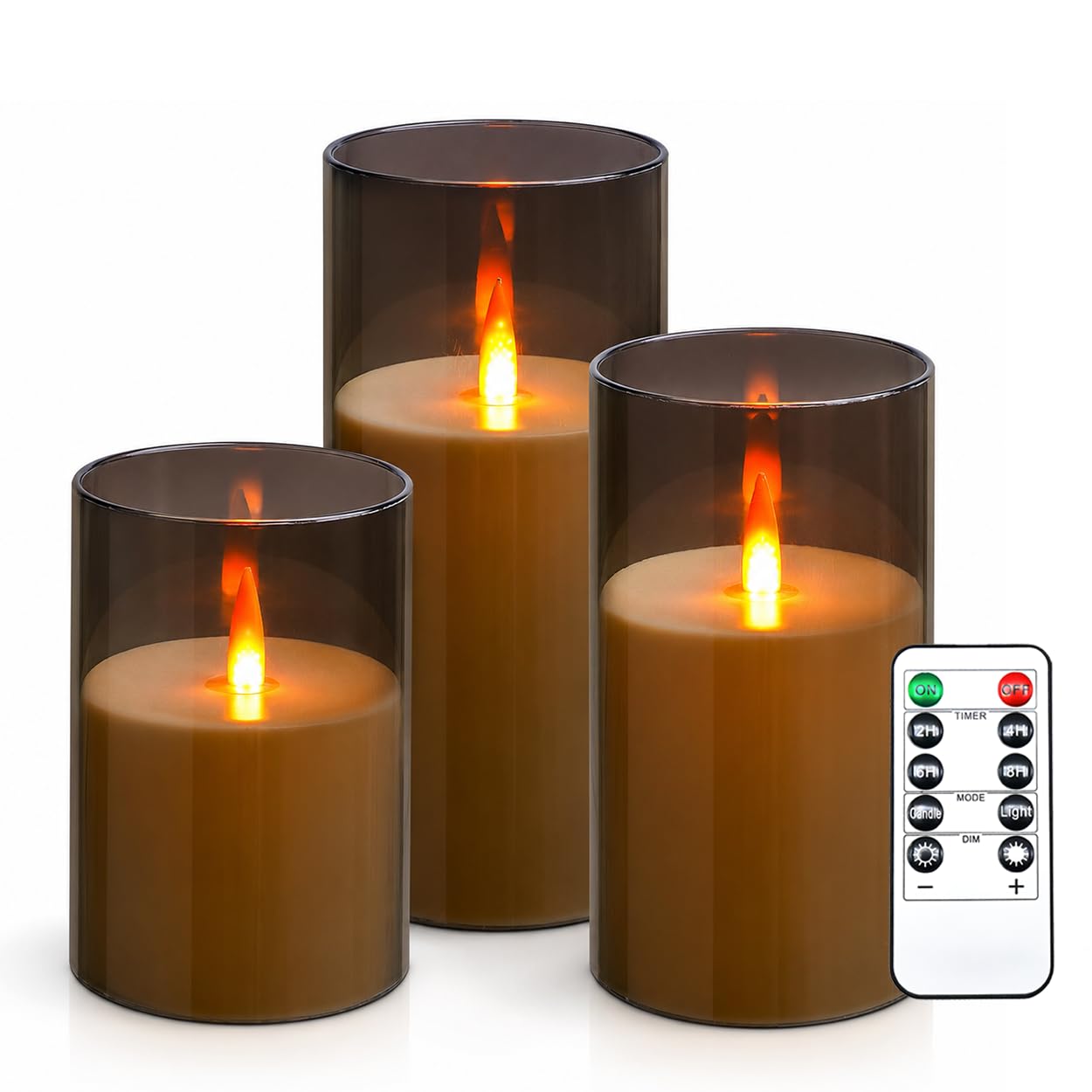 Kiexung Flameless Candles, LED Candles with Remote Control and Timer, New True Analog 3D Wick Battery-Powered Acrylic Column Candles for Romantic Ambiance and Home Décor, 3 Piece Set (Grey)-image-11