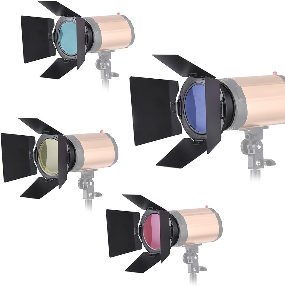 Andoer 96mm Universal Mount Metal Bardoor Barn Door Barndoor with Honeycomb Grid 4pcs Color Gel Filters for Neewer Godox 180W 250W 300W Andoer MD-250 MD-300 Studio Strobe Flash Light Monolight - Image 3