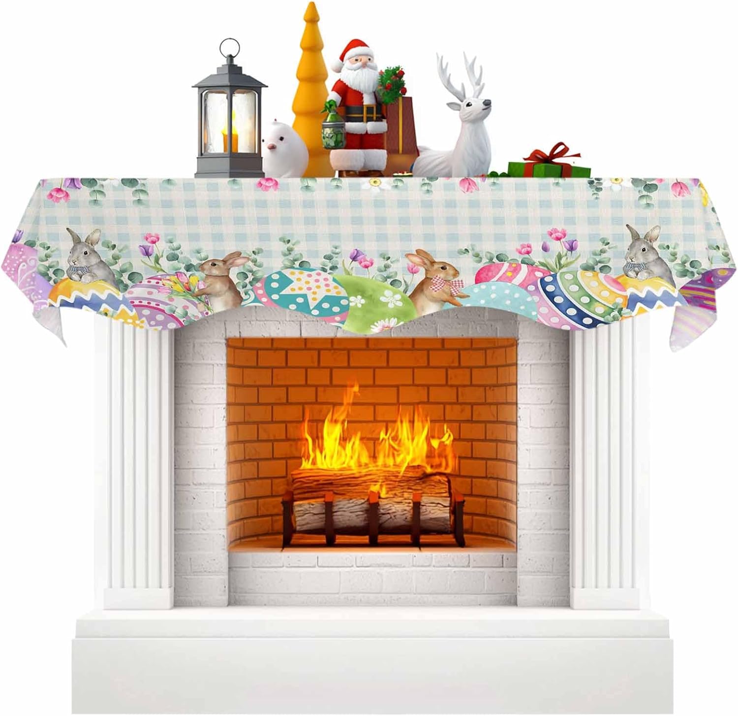 T&H XHome Mantel Scarf - Modern Fireplace Table Runner Easter Spring Flower Rabbit Egg Light Blue Plaid Background Tabletop Scarf for Fireplace Top Runner Window Protector Decor 90"x17"