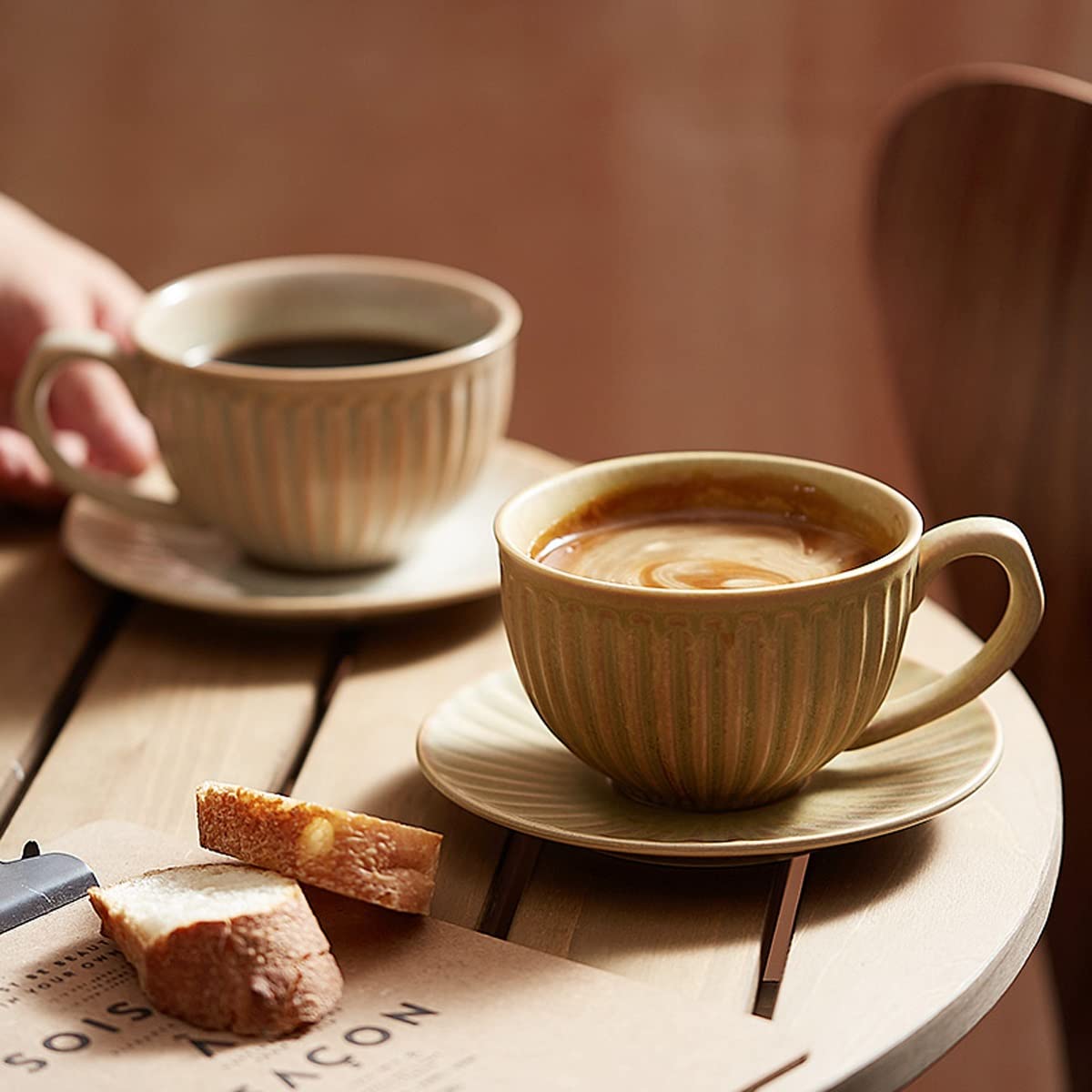 Amazon.com | 300ML Retro Coarse Pottery Coffee Cups With Saucers -  Microwave Safe, Perfect For Tea, Espresso, Porcelain Latte Mug For Kitchen  Or Cafe(Brown): Cup & Saucer Sets