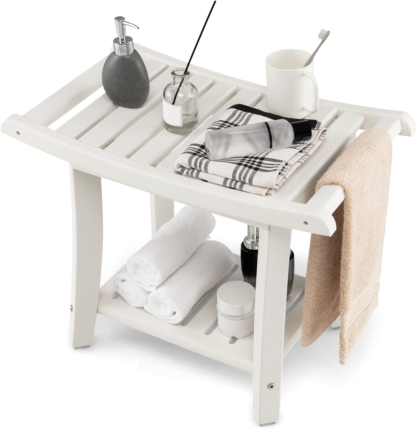 RELAX4LIFE Duschbank, Badezimmerbank mit Ablage Handtuchhalter, Badhocker mit Rutschfesten Füßen, Duschstuhl bis 150kg Belastbar, Duschsitz für Alte Schwangere, 60,5 x 34 x 48 cm, Weiß
