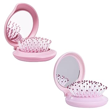 Travel Hair Brush with Mirror for Purse or Backpack, Mini Folding Hair Brush and Kawaii Pink Portable Makeup Compact Mirror Set, Gifts for Women,Sweet Pink