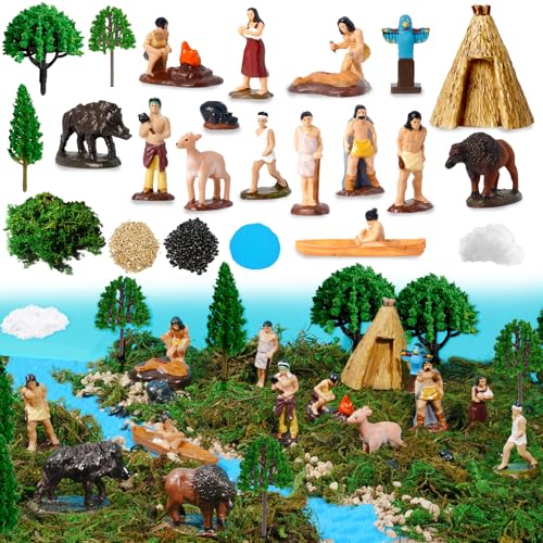 Hiawbon 31Pcs American Indian Figurines Set, Historical Miniature Indian Figurines with Accessories, Resin American Indians Models for DIY Craft Home Decoration