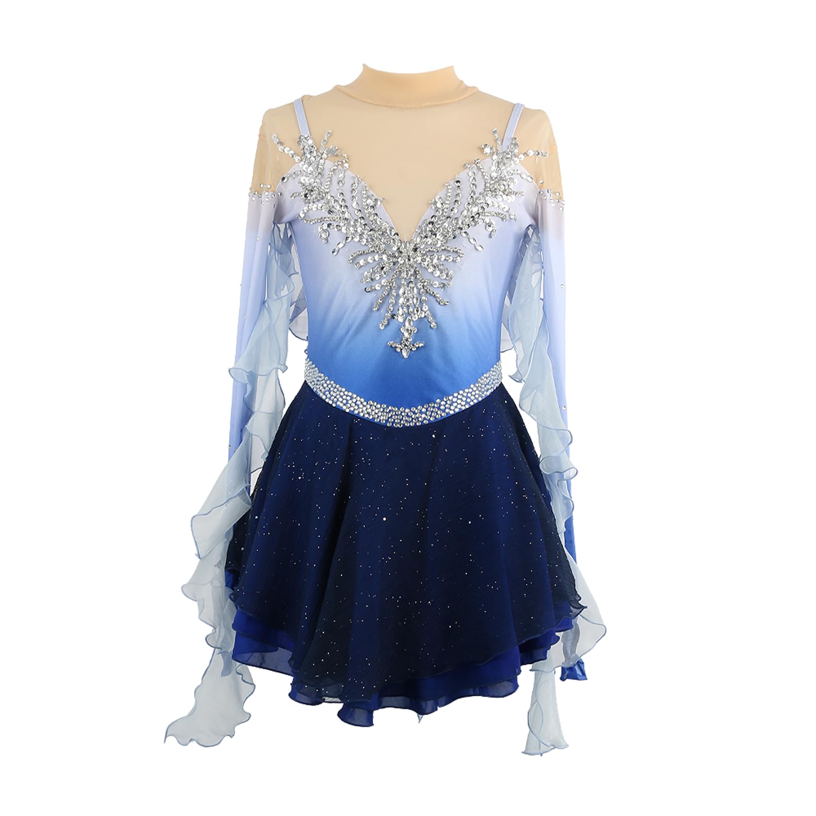 Vestido Patinaje Artistico Niña, Maillot Azul Cinta Manga Larga Mujer de Lentejuelas Rhinestone, Vestido De Baile Lírico Maillot