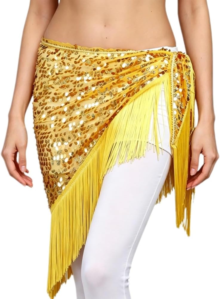 Sequin Belly Dance Hip Scarf Triangle Dancing Waist Wrap Sparkly Dance Costume Accessory with Tassel for Women