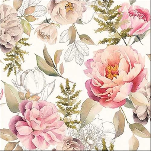 20 Ambiente Paper Napkins "Peonies Composition Cream" Vintage Table Decoration with Motif Also for Party or Decoupage 33 x 33 cm
