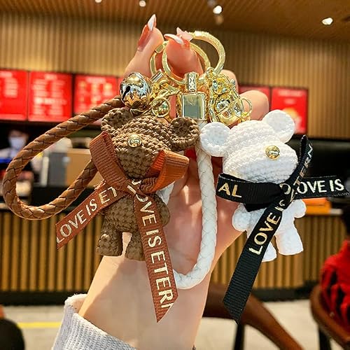 Hsyhere Men Women Valentine Lover Gift Creative Lovely Elegant Wearing Bowknot Wool Feeling Little Bear Lucky Good Luck Rein Bear Car Bag Pendant Strap Keychain Key Ring Holder Bell Strap Clip -Brown #TOP1