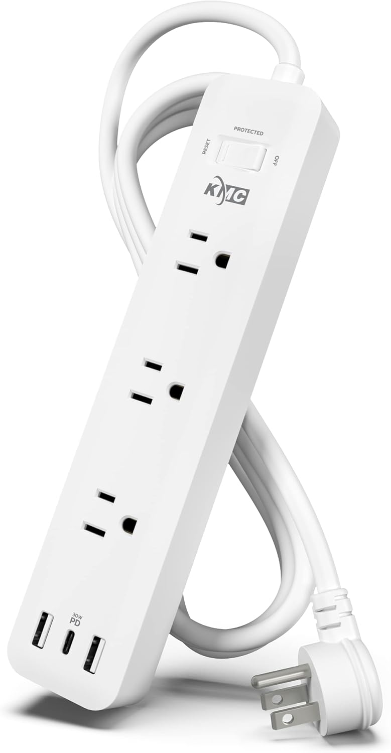 KMC USB-C PD Surge Protector 3-Outlet Power Strip, 30W Power Delivery USB-C Port, 2 USB-A Ports, 980J Surge Protection, 6-Foot Extension Cord, White