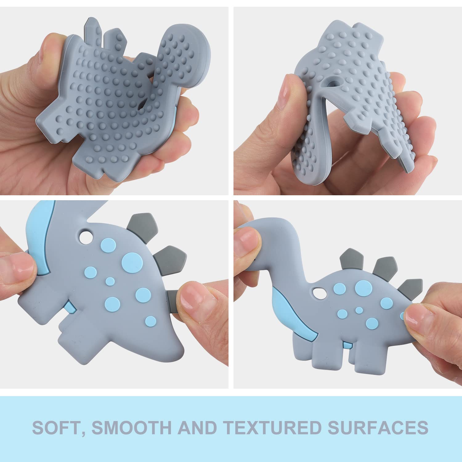 Juguetes de dentición para bebés de 3 a 6 a 12 meses, juguete de dinosaurio para aliviar el dolor con diseño de una sola pieza, juego de soporte para chupete, apto para congelador, regalo neutro para 7