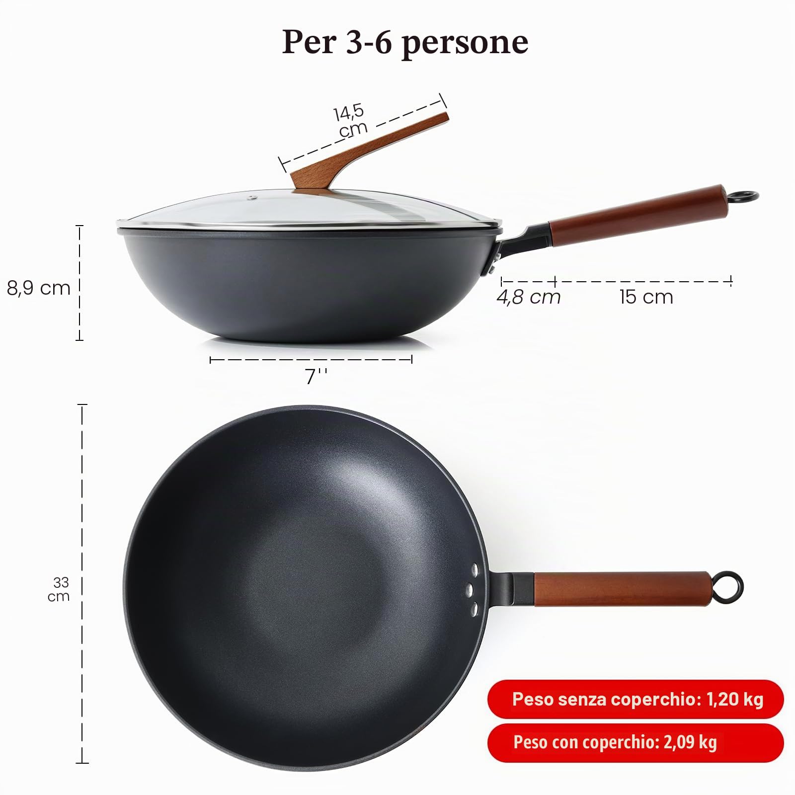 Kordisen Wok Antiaderente 33 cm/5,6 L con Coperchio, Senza Rivestimento Chimico, Wok Pre-stagionato, Adatto a Induzione/Elettrico/Gas