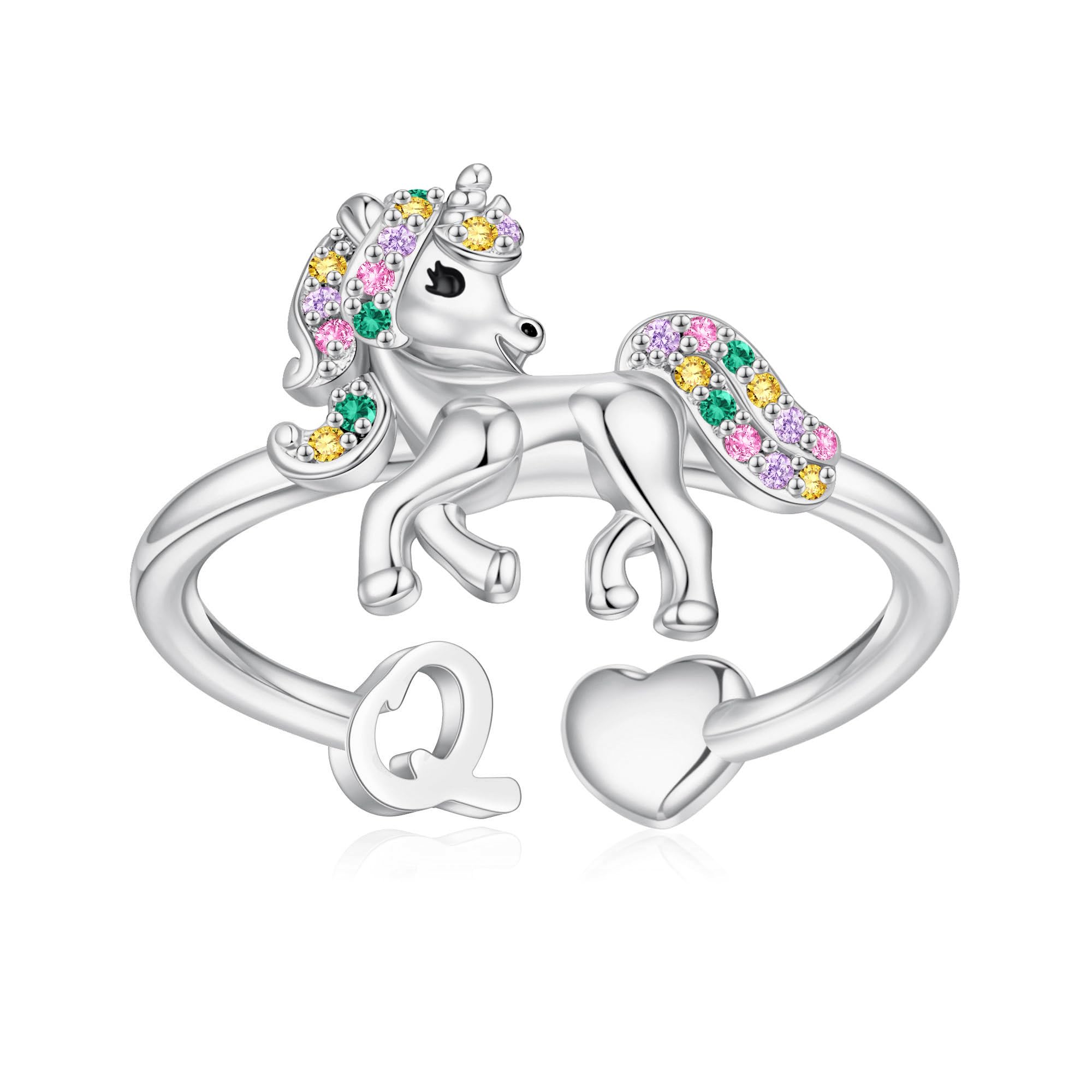Unicorn Initial Rings for Teen Girls, Rose Gold/White Gold Plated Heart Initial Rings for Girls Adjustable Stackable Rings for Women Diny Heart Ring for Teen Girls Gifts Unicorns Gifts for Girls