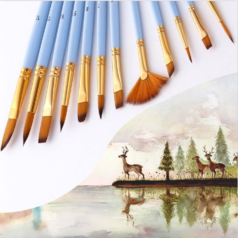 Juego de 12 Pinceles para Acuarela para Aprender a Pintar, con Pelo de Nailon y Mango de Madera, para Pintar al óleo, acrílicos y Arte.,
