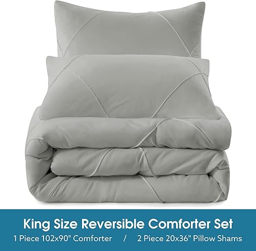 Miniatura 3 de BYSURE Juego de edredón King de 3 piezas (gris), juego de ropa de cama ligero con 2 fundas de almohada, edredón alternativo con costuras de diamante