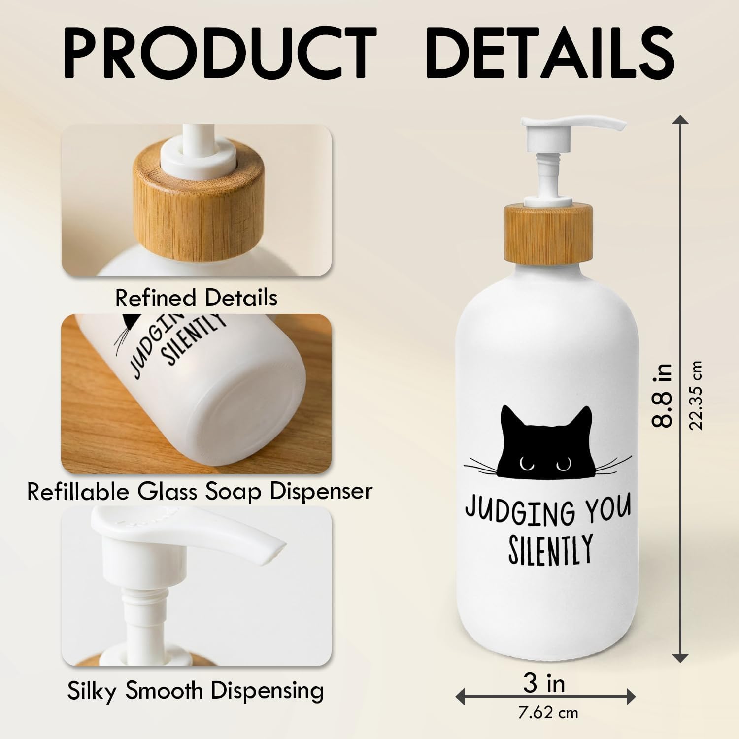 Funny Cat Soap Dispenser, Black Cat Judging You Silently Glass Dish Soap Dispenser with Pump for Kitchen, Cats Lover Gifts Bathroom Countertop Refillable Handsoap Liquid Container