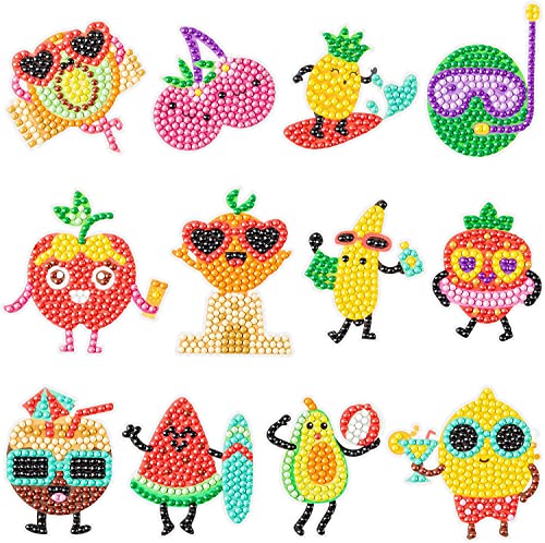 BeYumi 12 Stück Sommer Obst DIY Diamant Aufkleber Kits für Kinder und Erwachsene Anfänger, Kreative Harz Strass Diamanten Mosaik Aufkleber Handgemachte digitale Farbe von Zahlen Art Craft Cover