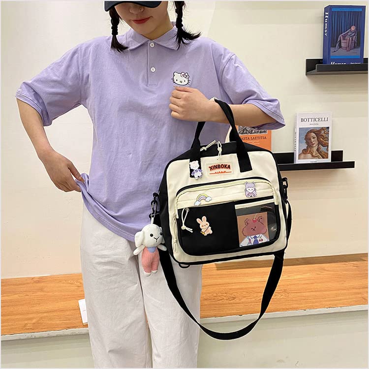 BXCNCKD Kawaii Cute Backpack with Pins and Plush Pendant - Girl Shoulder Bag for School & Travel (Black)4