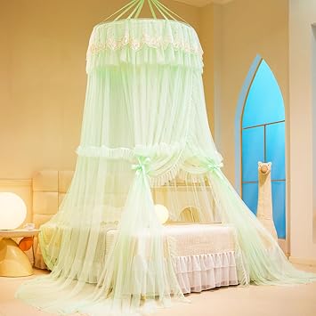 Akiky Bed Canopy for Girls Ruffle Princess Canopy Bed Curtains Round Dome Cozy Drape Netting Embroidery Lace Sheer Mesh for Girls&Adults Bedroom DecorGreen