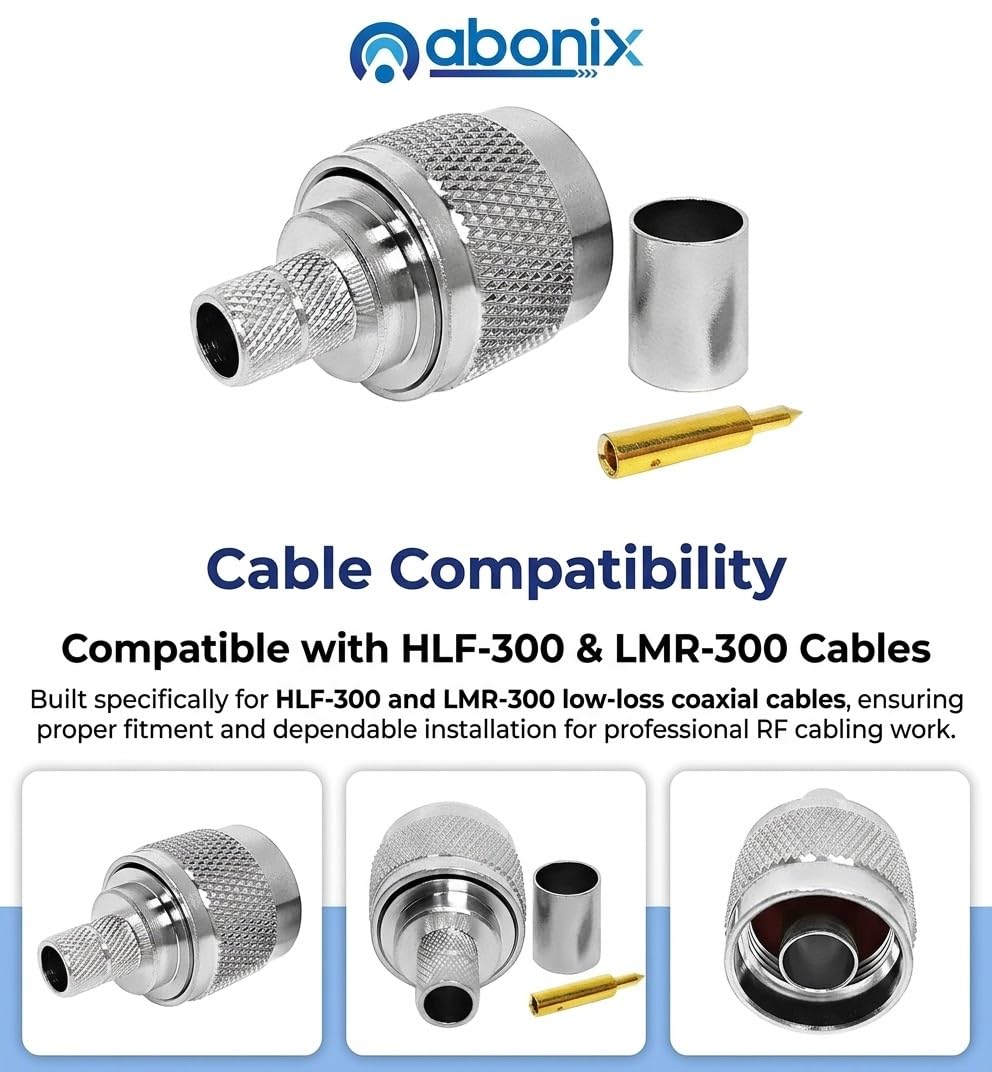 ABONIX N Male Crimp Connector N Type Plug Adapter for Cable HLF-300 and LMR-300 RF Coaxial Connector (Pack of 2) 1