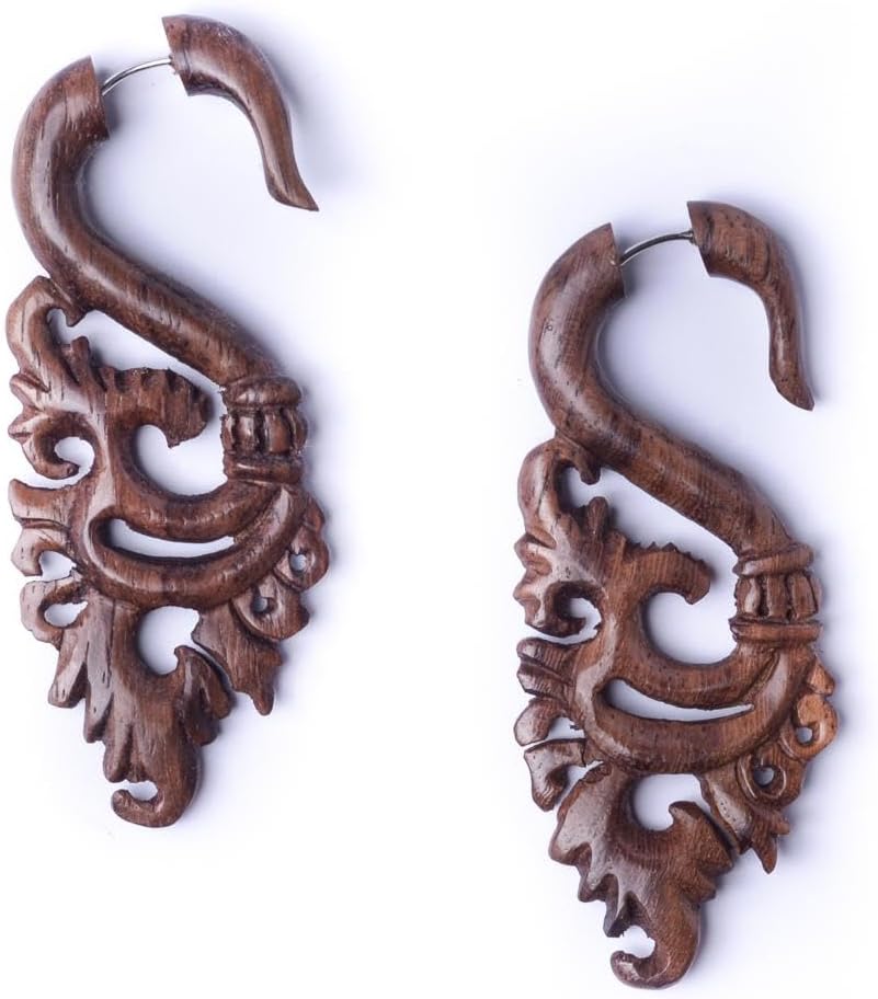 81stgeneration Hand Carved Wooden Long Fake Stretcher Earrings With Ornate Leaf Vine – Tribal Faux Gauge Ear Tapers for Women – Natural Wood Jewelry for Festival - Spiral Scroll Cheater Earrings