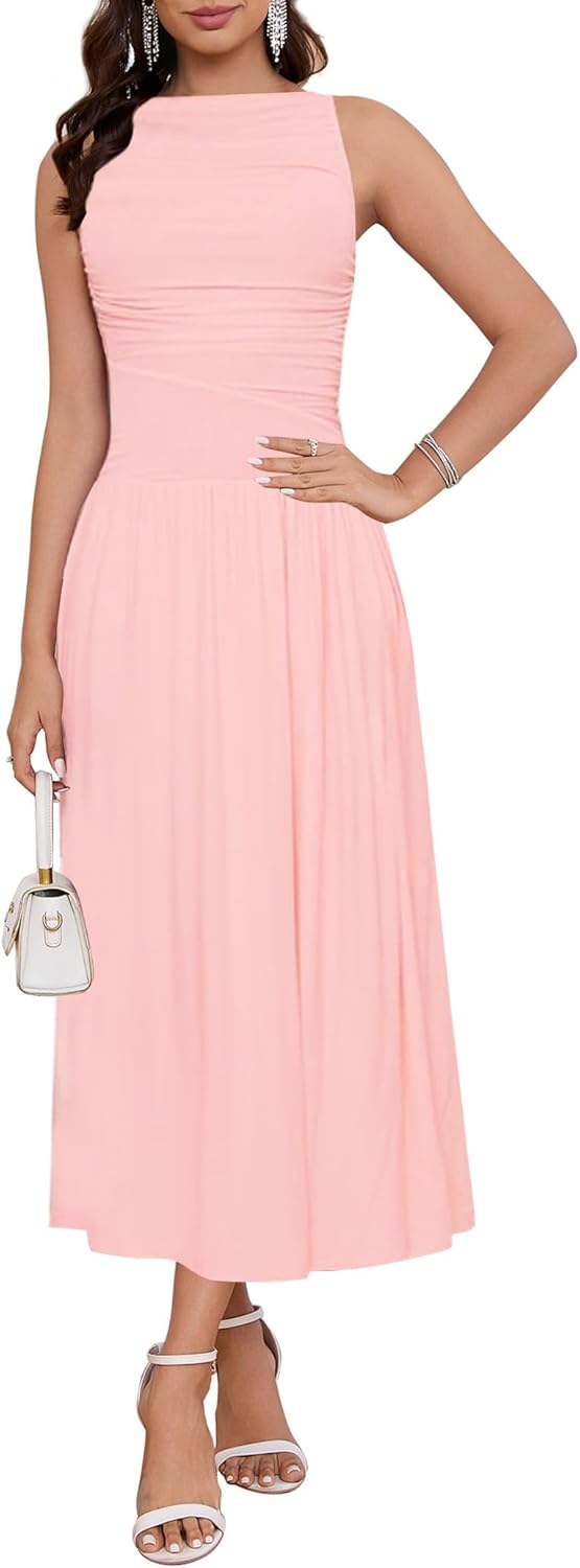 LUNAMODA 2026 Summer Formal Dresses for Women Casual Ruched Maxi Dress Sleeveless Drop Waist Boat Neck Long Flowy Sundress