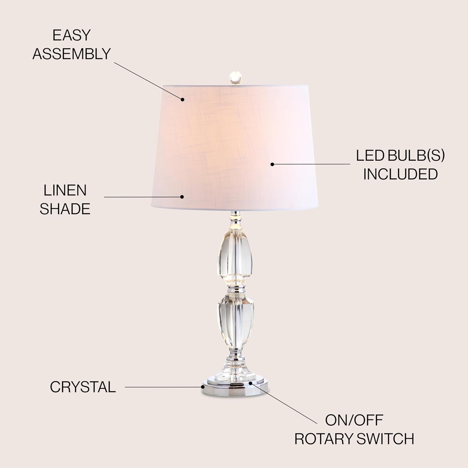 JONATHAN Y 27" Clear Crystal LED Table Lamp, Traditional French Country Chrome Nightstand Lamp with White Linen Drum Shade for Living Room, LED Bulb Included JYL2039A