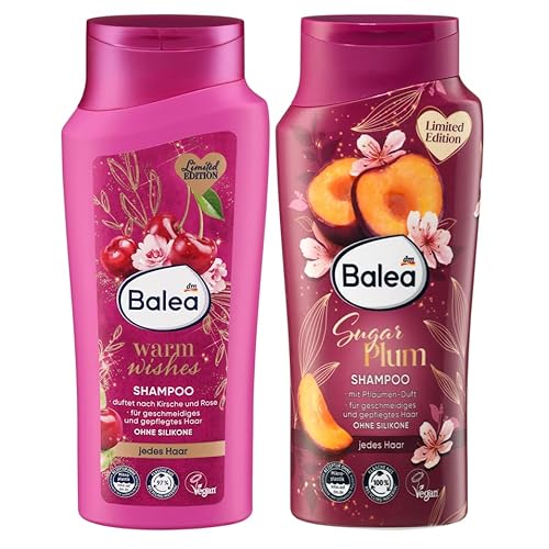 Balea 2er-Set Haarpflege: Shampoo Warm Wishes aromatisch fruchtig mit Duft nach Kirsche & Rose, 300 ml + Shampoo Sugar Plum mit Pflaumen-Duft für geschmeidiges Haar & strahlenden Glanz, 300 ml (600ml)