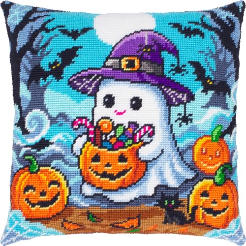 Image of Brvsk Halloween Needlepoint Kit for Adults and Beginners - Trick-or-Treat Ghost 16″ x 16″ with Clear, Precise Printed Design on Cotton Canvas; Includes 2 Needles, Yarn, and Easy-Read Chart