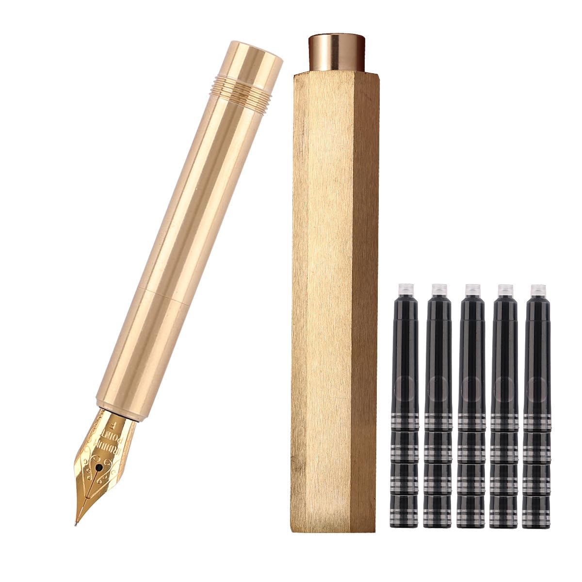 SIPLIV Brass Fountain Pen (85mm) Short Paragraph Pocket Mini Travel Pen Iridium Fine Nib Fountain Pen with 20 Pcs Black Ink Cartridges, Hexagon