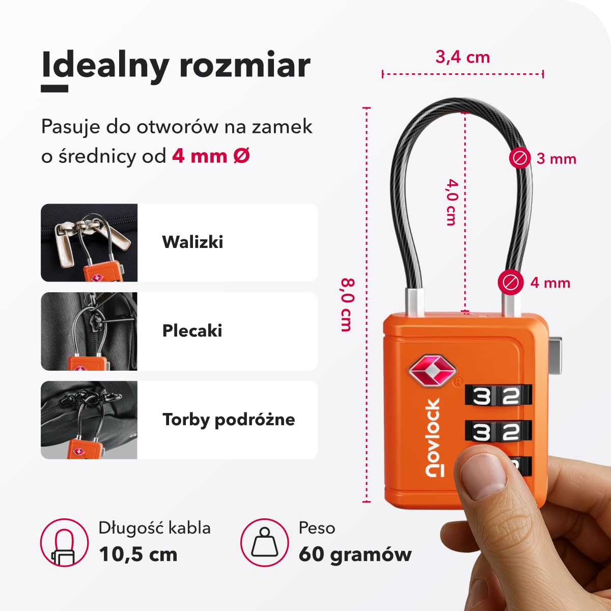 Kłódki TSA ze Wskaźnikiem Otwarcia – Szyfrowe Zamki do Walizek, Plecaków, Bagażu i Szafek – Zamki Podróżne z Elastyczną Stalową Linką, Zestaw 2 Pomarańczowe