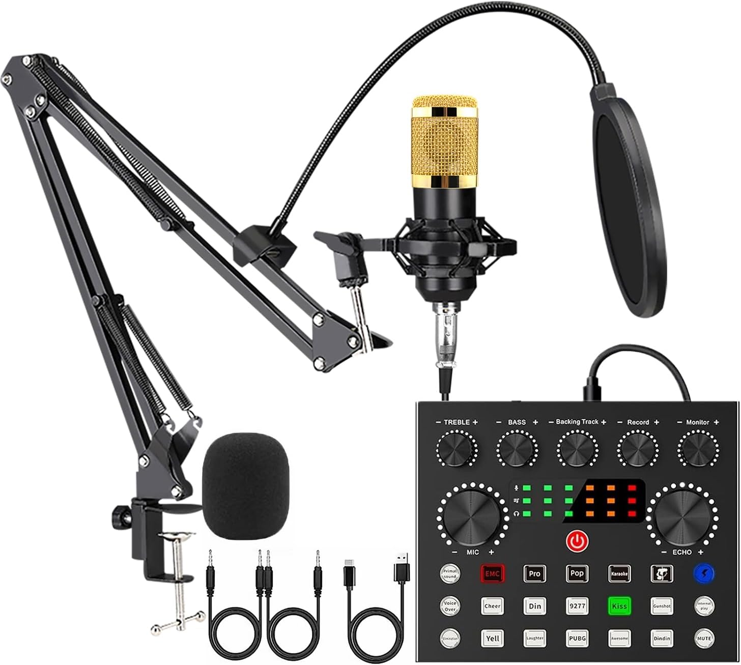 Podcast Equipment Bundle With Audio Interface,V8S Voice Changer, Condenser Karaoke Microphone, Mic Stand And Pop Filter,Podcast Starter Kit Dj Mixer For Live