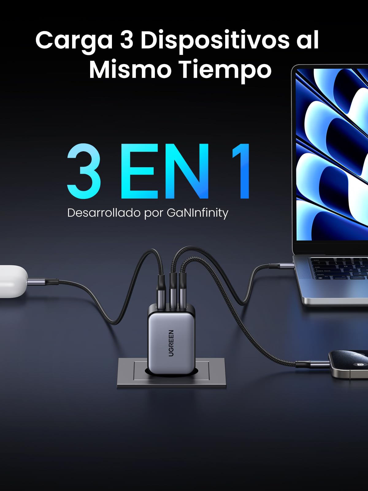 UGREEN Nexode 65W Cargador USB C Carga Rápida GAN Alimentador Type C | 3 Puertos PD 3.0 PPS 25W Compatible con iPhone 17 Pro MAX Air 16 15 14 13 Galaxy S26 25 24 Pixel 10 Pro MacBook Air iPad