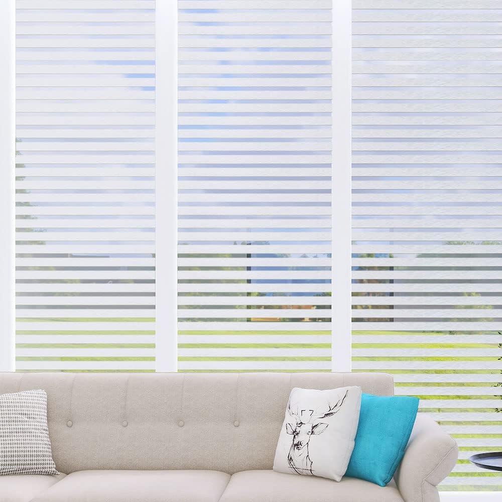 Stripe Frosted Window Film, Privacy Glass Window Sticker, Vinyl Decorative Window Decals, UV Protection Static Clings Window Film Non Adhesive for Home Office Meeting Room(35.4 x 157.4 inch)
