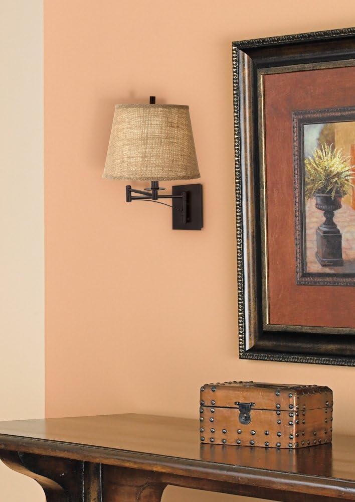 Franklin Iron Works Brinly Farmhouse Rustic Swing Arm Wall Lamp Matte Brown Metal Plug-in 12" Fixture Burlap Hardback Drum Shade for Cottage Core Bedroom Bedside Living Room Hallway Dining House