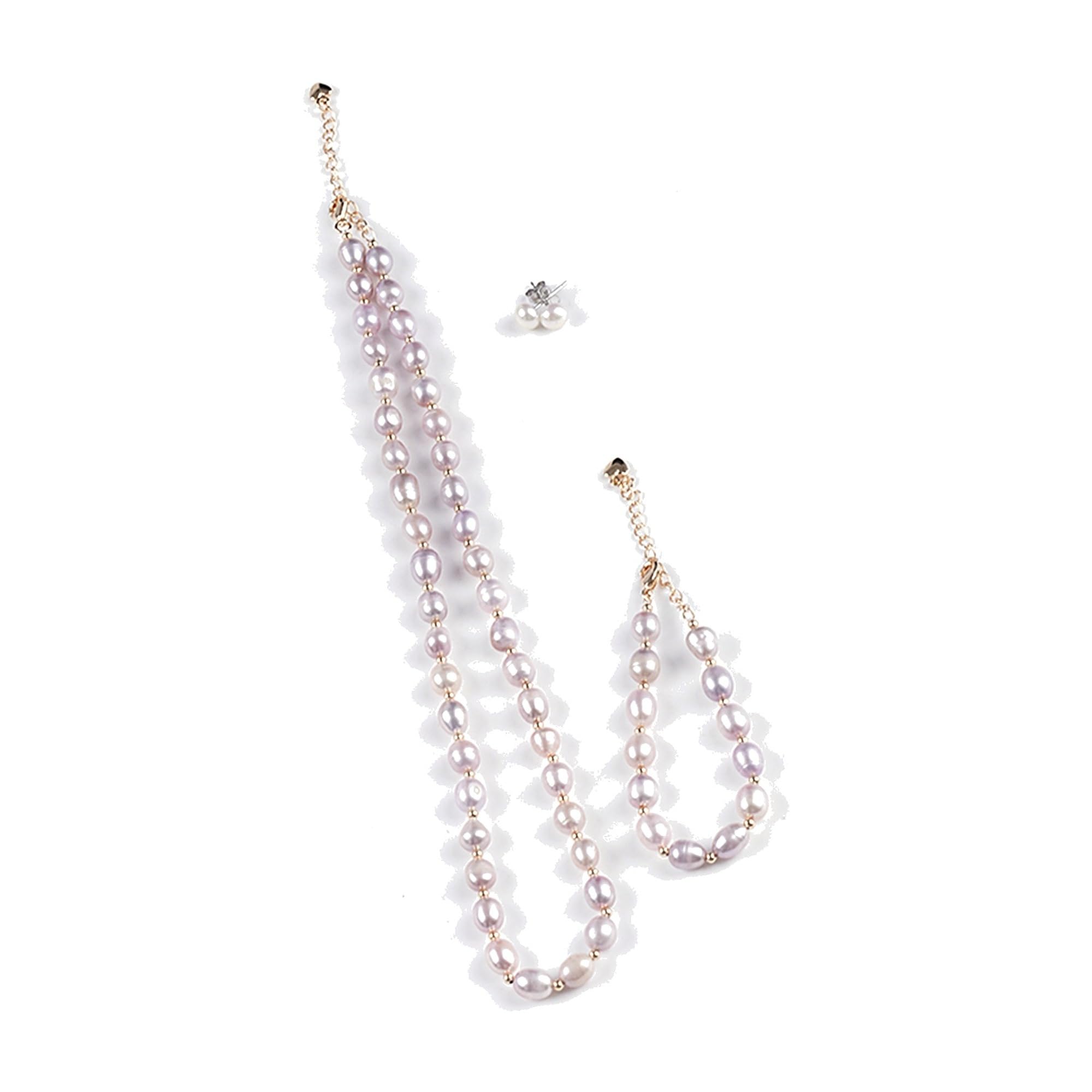 Parure di gioielli da donna con perle d'acqua dolce – collana di perle di riso naturali lavanda da 6 – 7 mm, bracciale e orecchini – accenti dorati