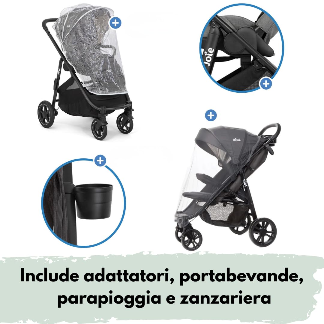 Joie Versatrax Passeggino Reversibile 22 kg Travel System - Shale | Spinotto Telescopico, Funzione Sdraiata, Ammortizzato, Include Adattatore e Parapioggia, Pacchetto Accessori XXL