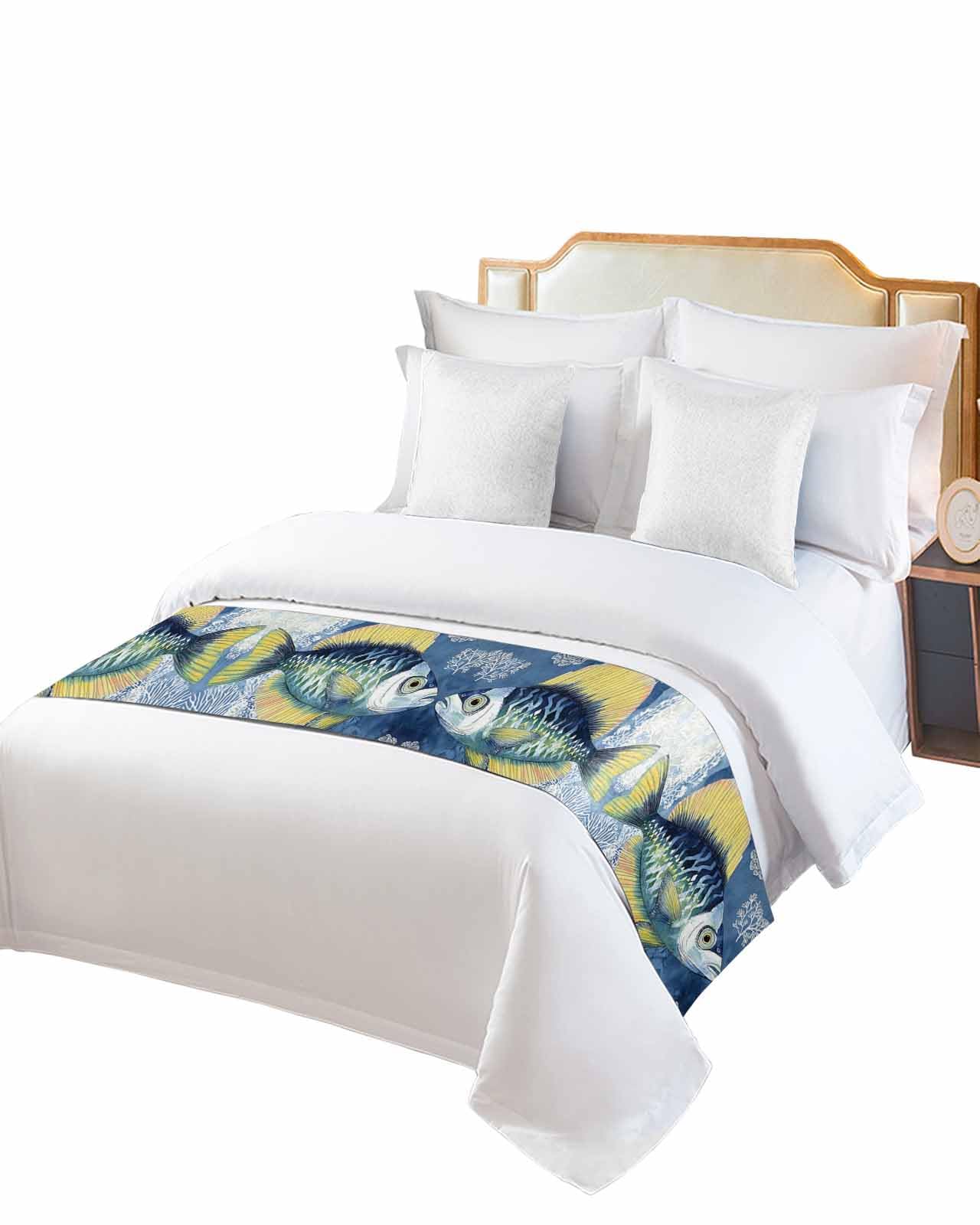 DecorLovee Coastal Blue Yellow Fish Bed Runners for Twin Size Bed, Decorative Bed Throws for Foot of Bed, Summer Ocean Coral Plant Bed Runner Sofa Throw Bedding Scarf Protector Slipcover for Bedroom