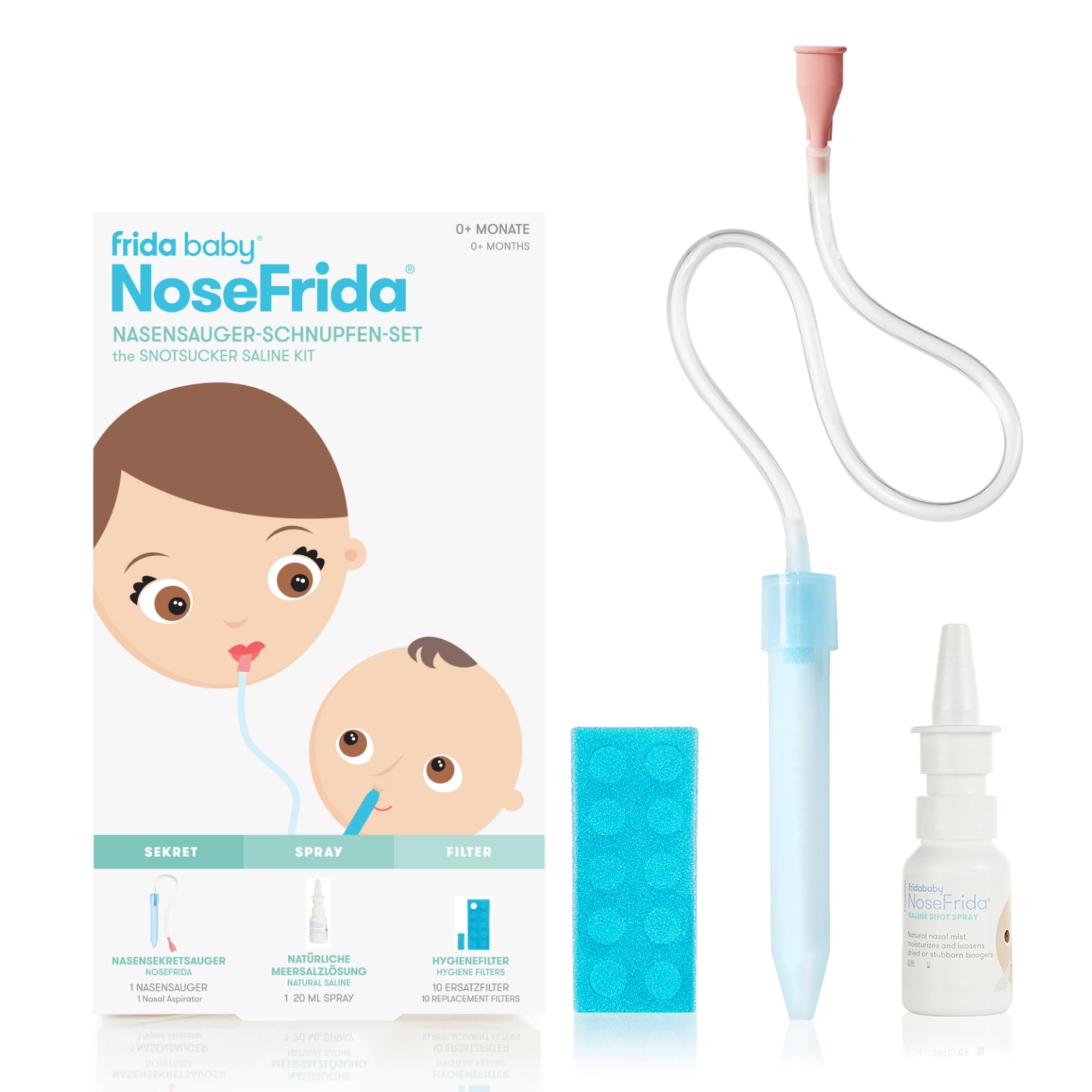 Frida Baby Nasensauger Set | NoseFrida mit 10 Hygienefiltern & 20 ml Nasenspray | Sanft & nicht-invasiv bei Schnupfen | Spülmaschinenfest, BPA-frei, inkl. Aufbewahrungsbox