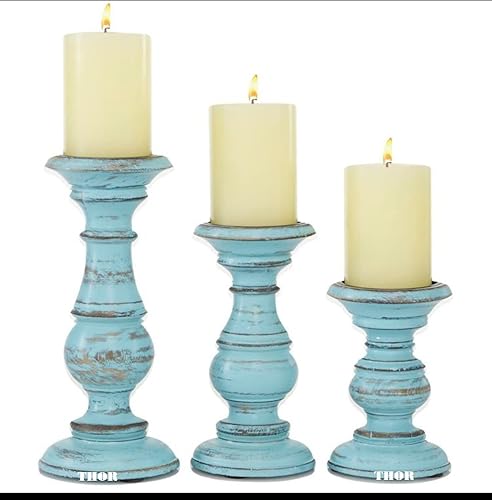 Miniatura 3 de Portavelas decorativo de madera azul claro con acabado envejecido, juego de 3 velas de 6 pulgadas, 8 pulgadas, 10 pulgadas de alto, azul claro