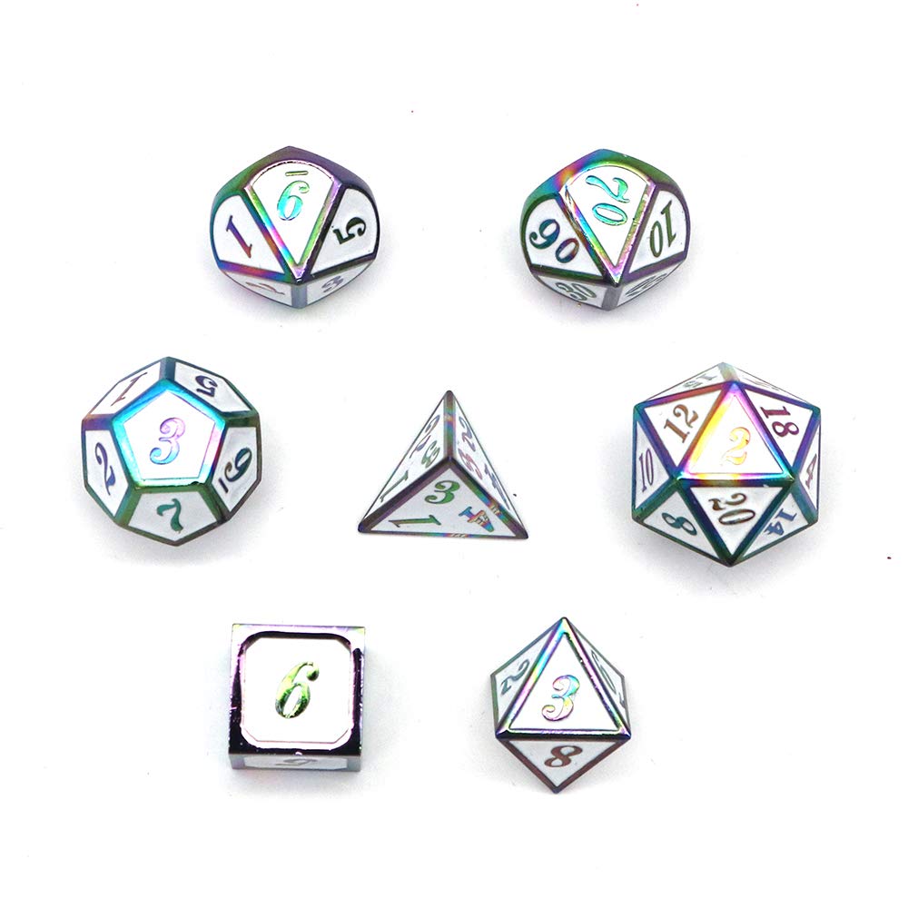 Fasizi White 7Pcs Metal Dice Set Dnd Game Polyhedral Solid Metal D&D Dice Set With Storage Bag And Zinc Alloy With Enamel For Role Playing Game Dungeons And Dragons (Colorful )