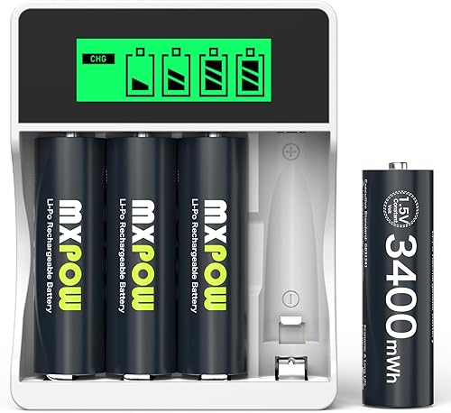 Baterías recargables AA Litio 1.5V 3500mWh, 4 pilas AA recargables con cargador LCD 1500 ciclos precargados